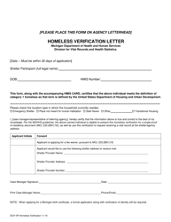 Document preview: Form DCH-VR Homeless Verification Letter - Michigan