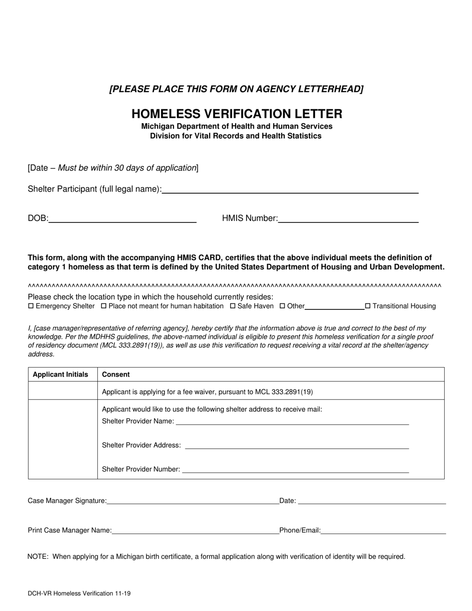 Form DCH-VR Homeless Verification Letter - Michigan, Page 1