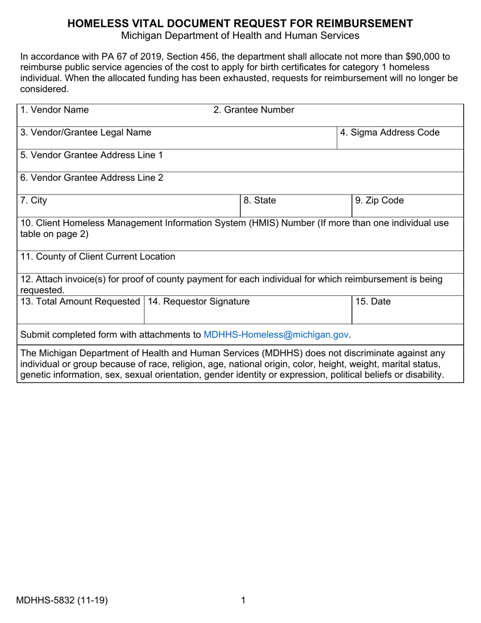 Form MDHHS-5832 Homeless Vital Document Request for Reimbursement - Michigan, Page 1