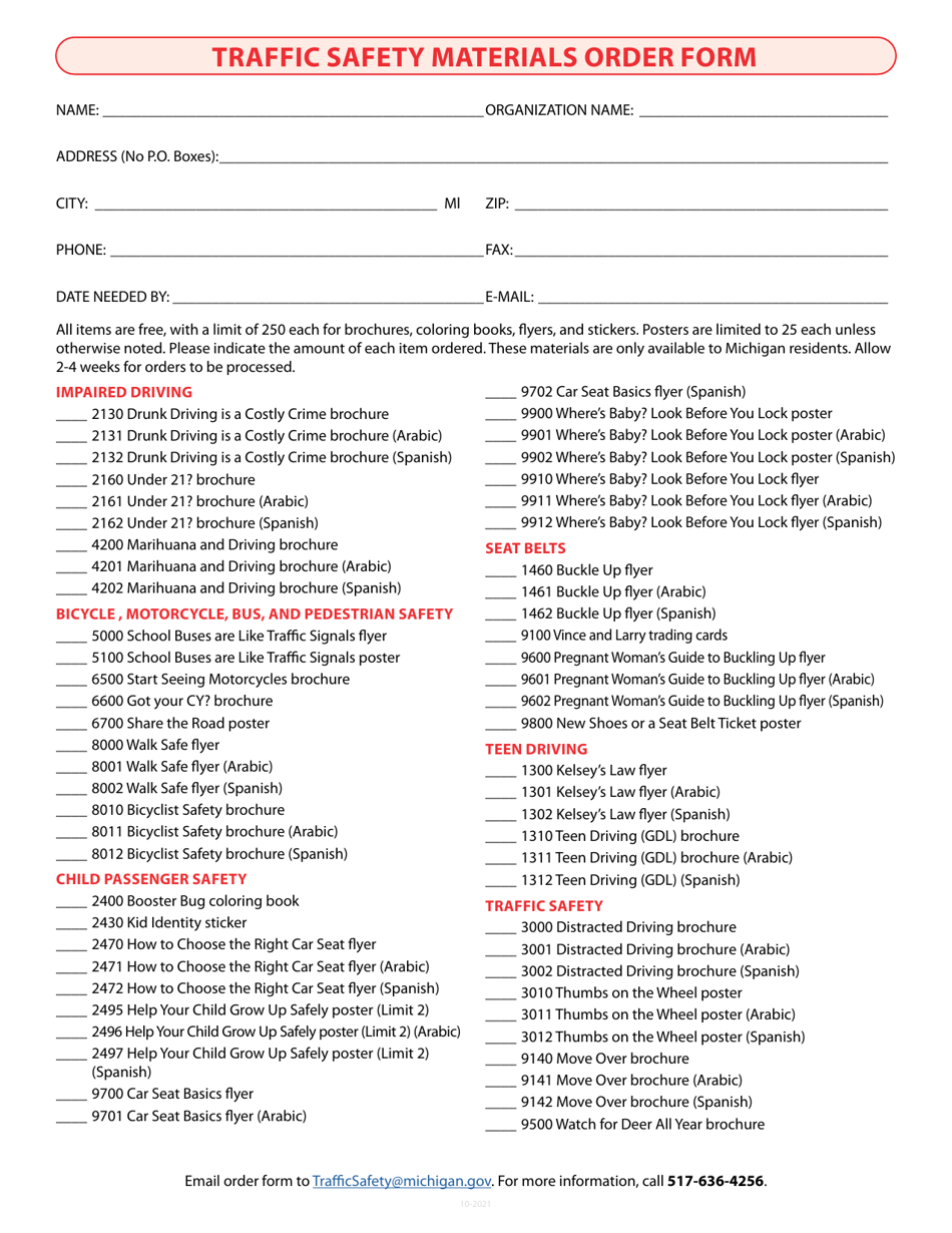 Traffic Safety Materials Order Form - Michigan, Page 1