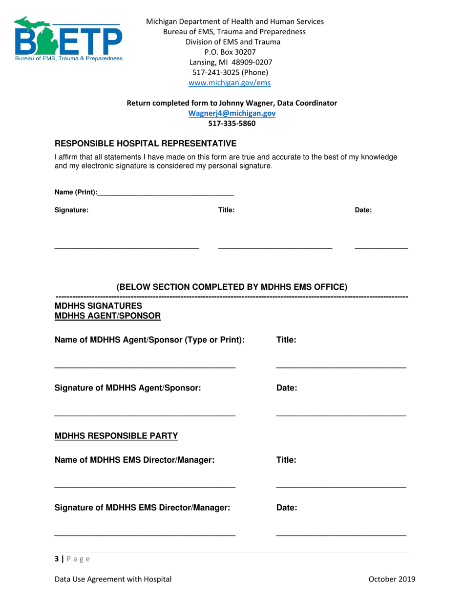Hospital Hub Data Use and Non-disclosure Agreement - Michigan EMS Information System (Mi-Emsis) - Michigan, Page 3