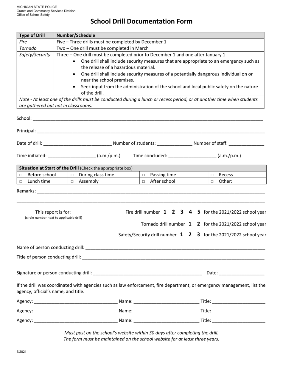 School Drill Documentation Form - Michigan, Page 1