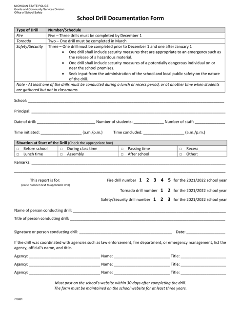 School Drill Documentation Form - Michigan Download Pdf