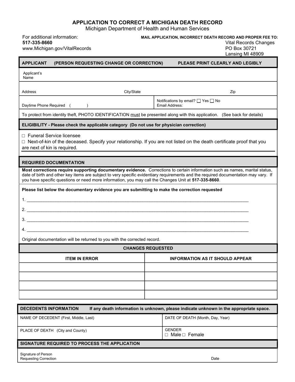 Form DCH-0856 Application to Correct a Michigan Death Record - Michigan, Page 1