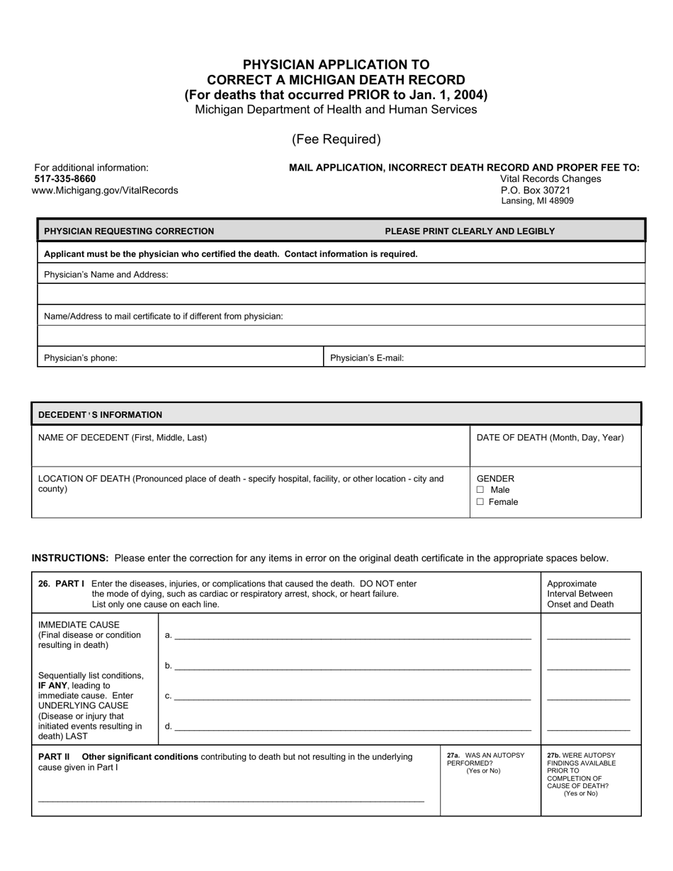 Form DCH-0862 Physician Application to Correct a Michigan Death Record (For Deaths That Occurred Prior to Jan. 1, 2004) - Michigan, Page 1