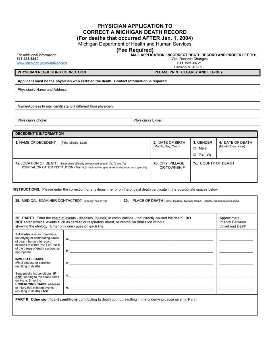 Form DCH-0862 Physician Application to Correct a Michigan Death Record (For Deaths That Occurred After Jan. 1, 2004) - Michigan, Page 1