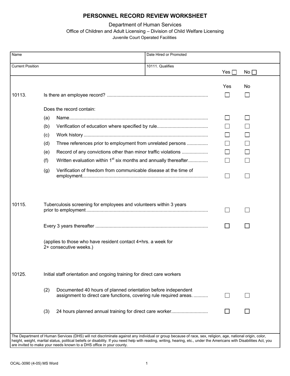 Form OCAL-3090 Personnel Record Review Worksheet - Michigan, Page 1