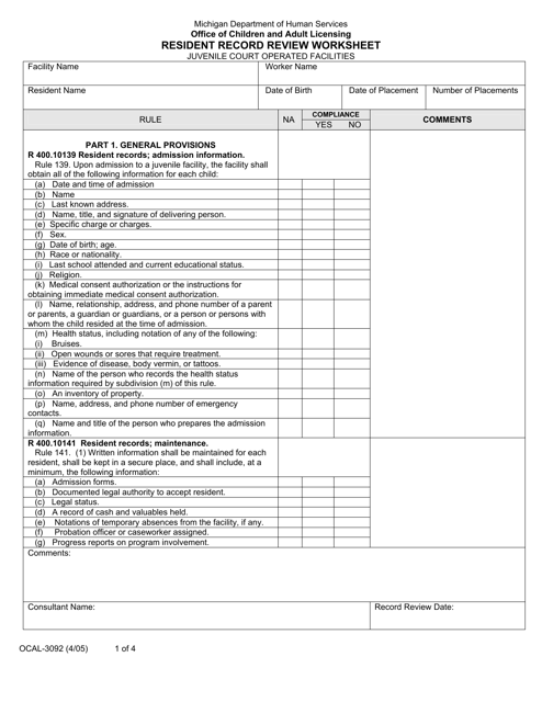 Form OCAL-3092 Resident Record Review Worksheet - Michigan
