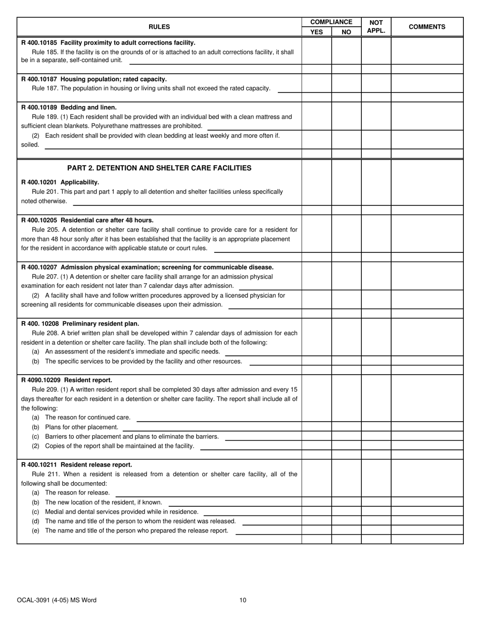 Form OCAL-3091 Court Operated Facility Compliance Record - Michigan, Page 10