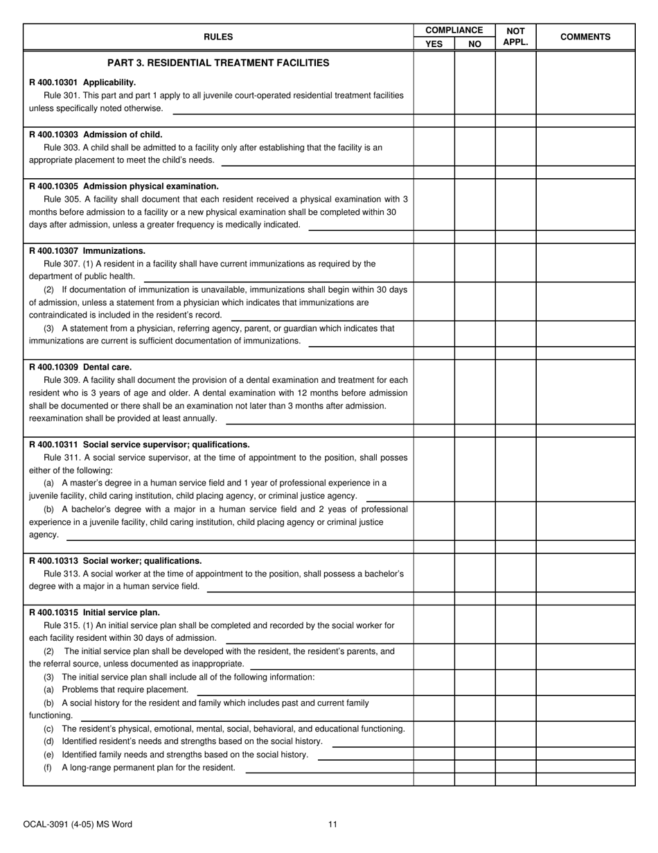 Form OCAL-3091 Court Operated Facility Compliance Record - Michigan, Page 11