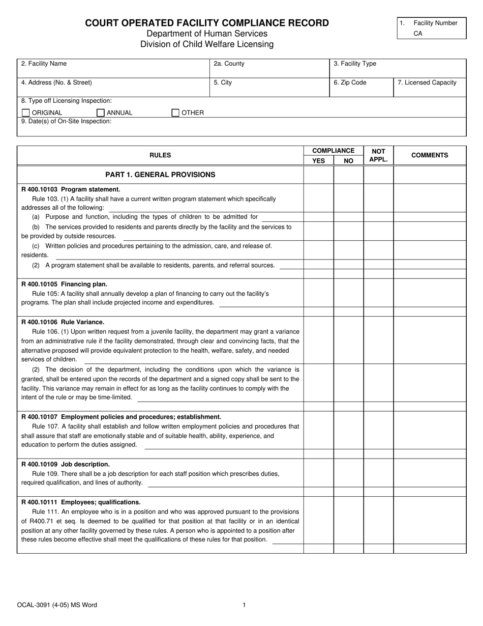 Form OCAL-3091 Court Operated Facility Compliance Record - Michigan, Page 1