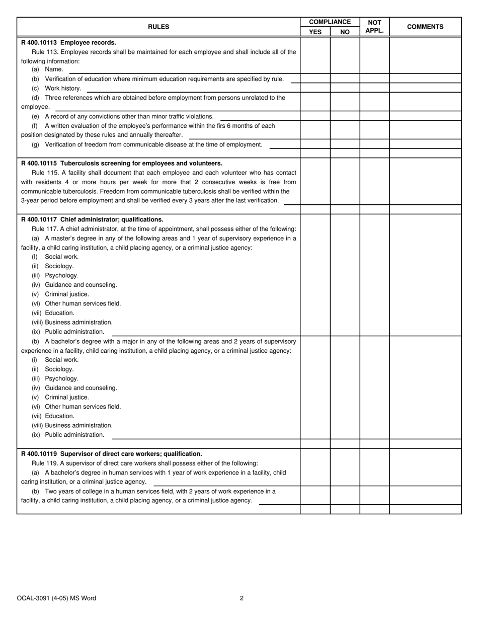 Form OCAL-3091 Court Operated Facility Compliance Record - Michigan, Page 2