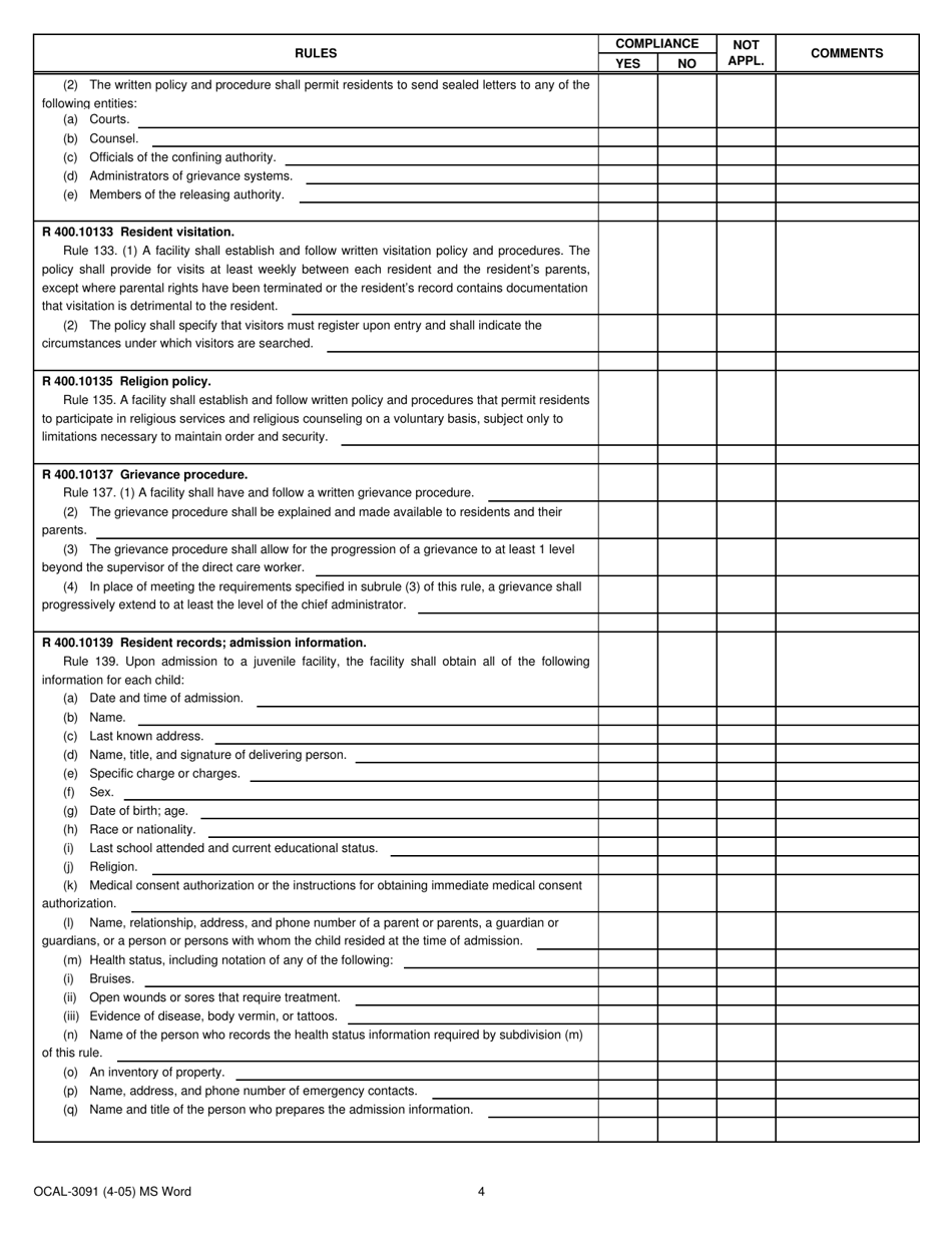 Form OCAL-3091 Court Operated Facility Compliance Record - Michigan, Page 4