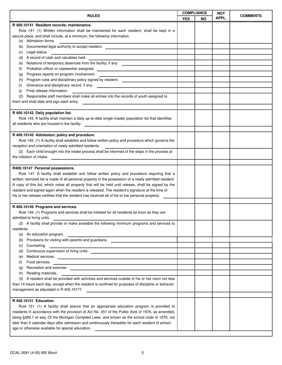 Form OCAL-3091 Court Operated Facility Compliance Record - Michigan, Page 5