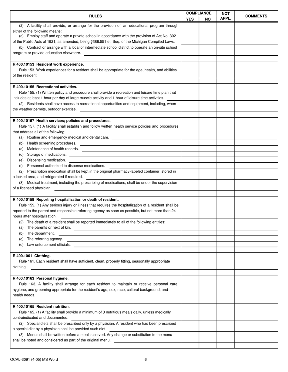 Form OCAL-3091 Court Operated Facility Compliance Record - Michigan, Page 6