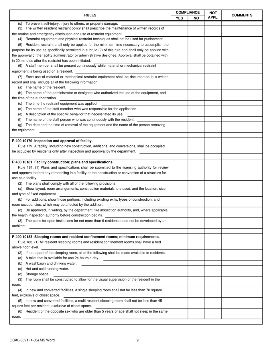 Form OCAL-3091 Court Operated Facility Compliance Record - Michigan, Page 9