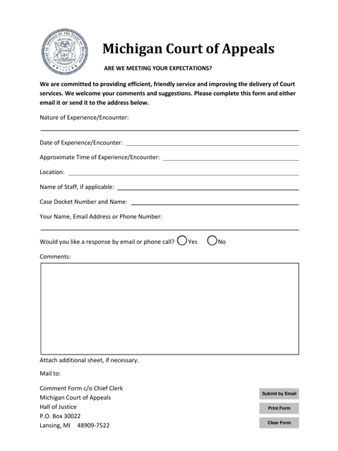 Michigan Court of Appeals Comment Form Download Fillable PDF