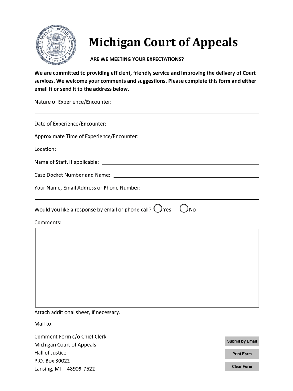 Court of Appeals Comment Form - Michigan, Page 1