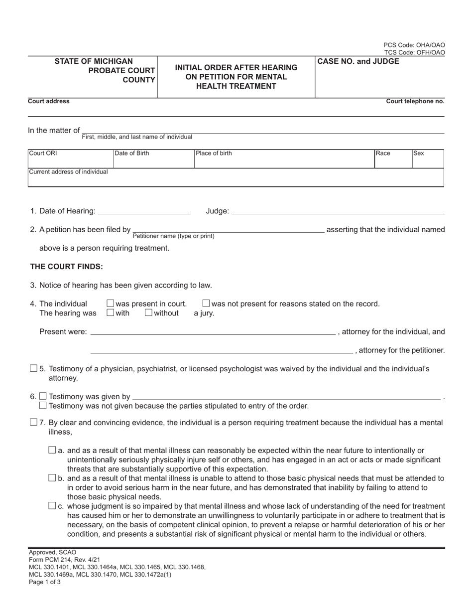 Form PCM214 Download Fillable PDF or Fill Online Initial Order After ...