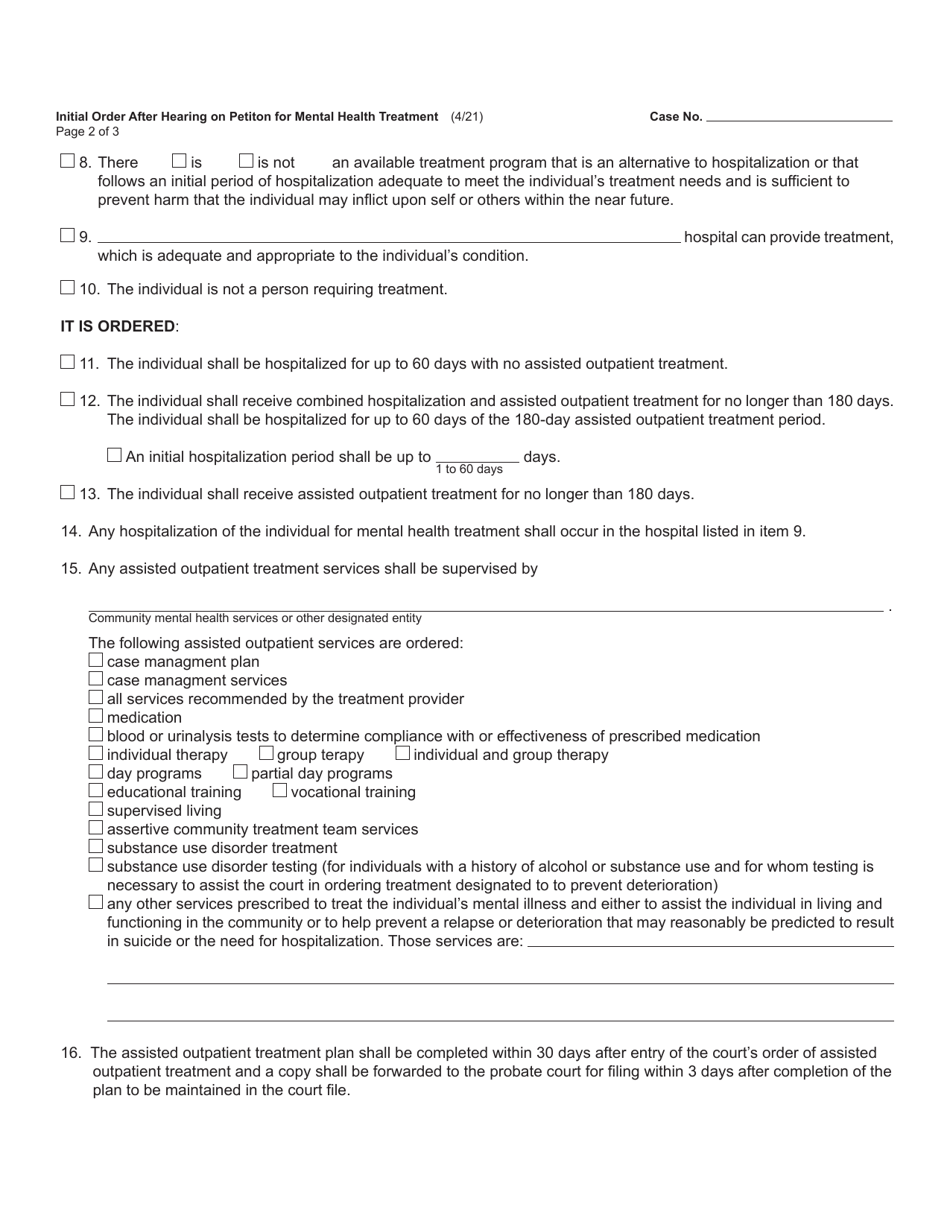 Form PCM214 Initial Order After Hearing on Petition for Mental Health Treatment - Michigan, Page 2