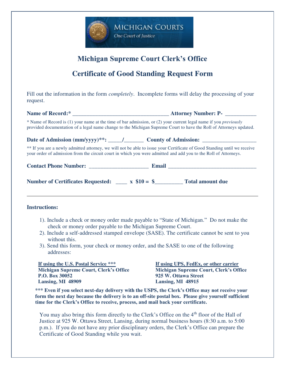 Certificate of Good Standing Request Form - Michigan, Page 1