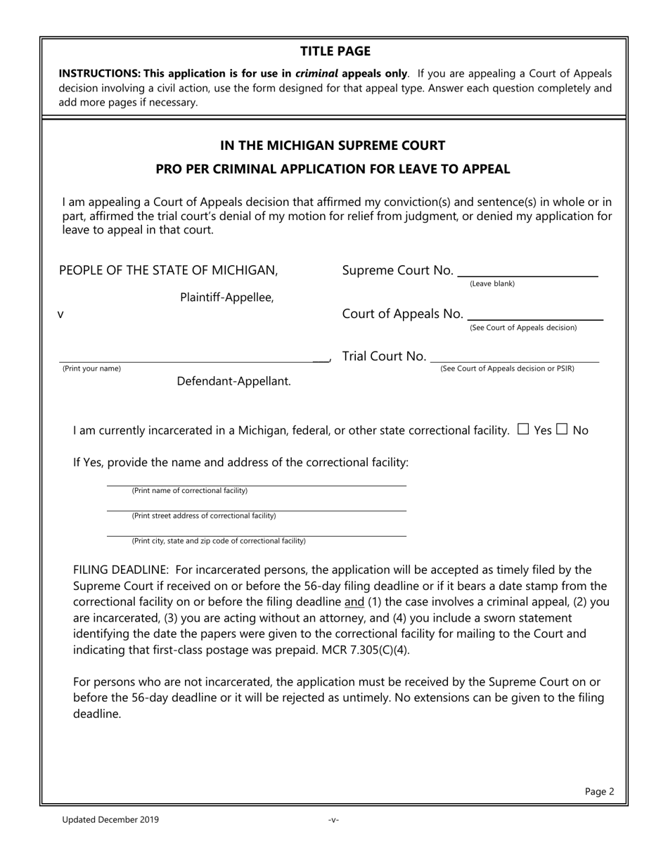 Michigan Pro Per Application For Leave To Appeal In A Criminal Case 