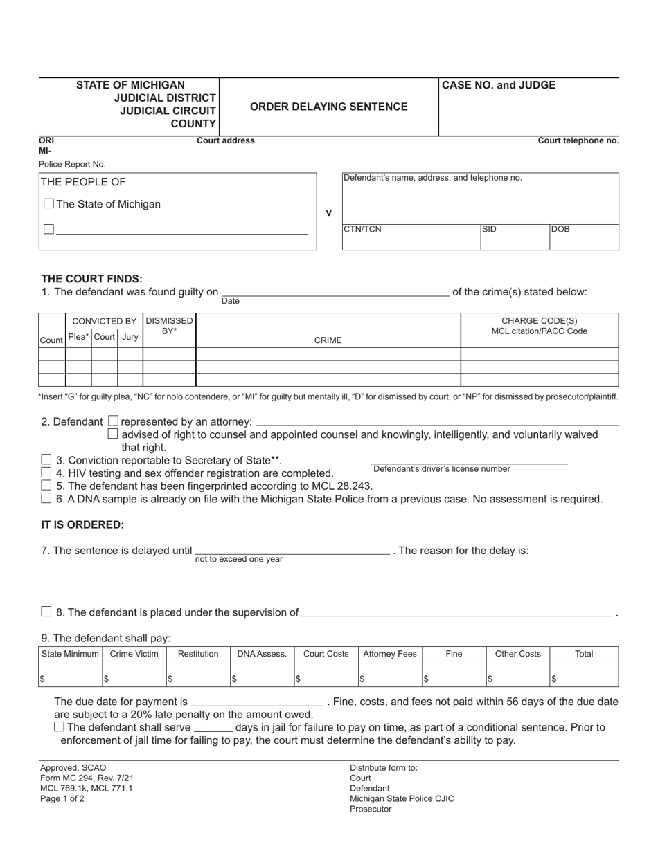 Form MC294 Order Delaying Sentence - Michigan, Page 1