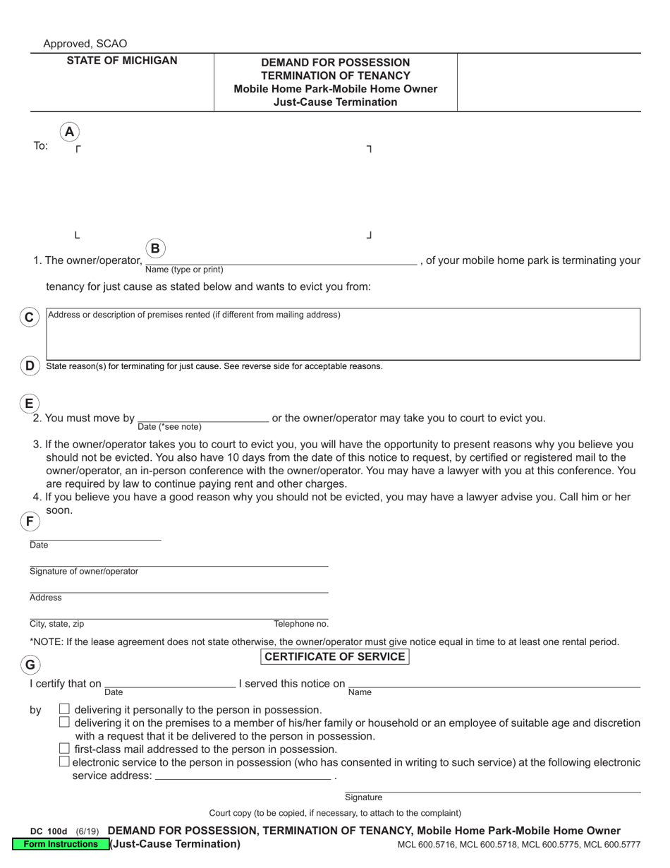Form DC100D Demand for Possession, Termination of Tenancy, Mobile Home Park - Mobile Home Owner (Just-Cause Termination) - Michigan, Page 1