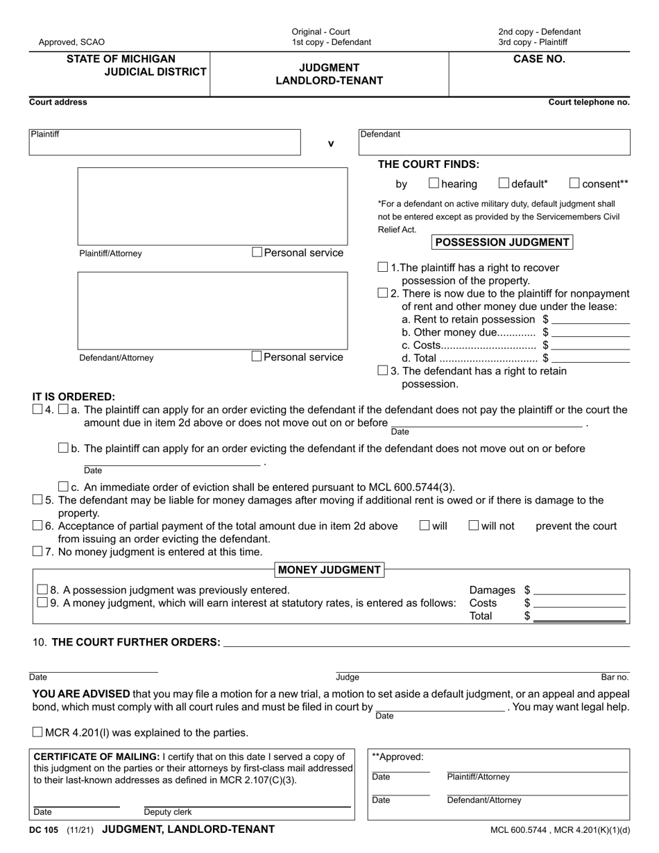 Form DC105 Judgment Landlord-Tenant - Michigan, Page 1