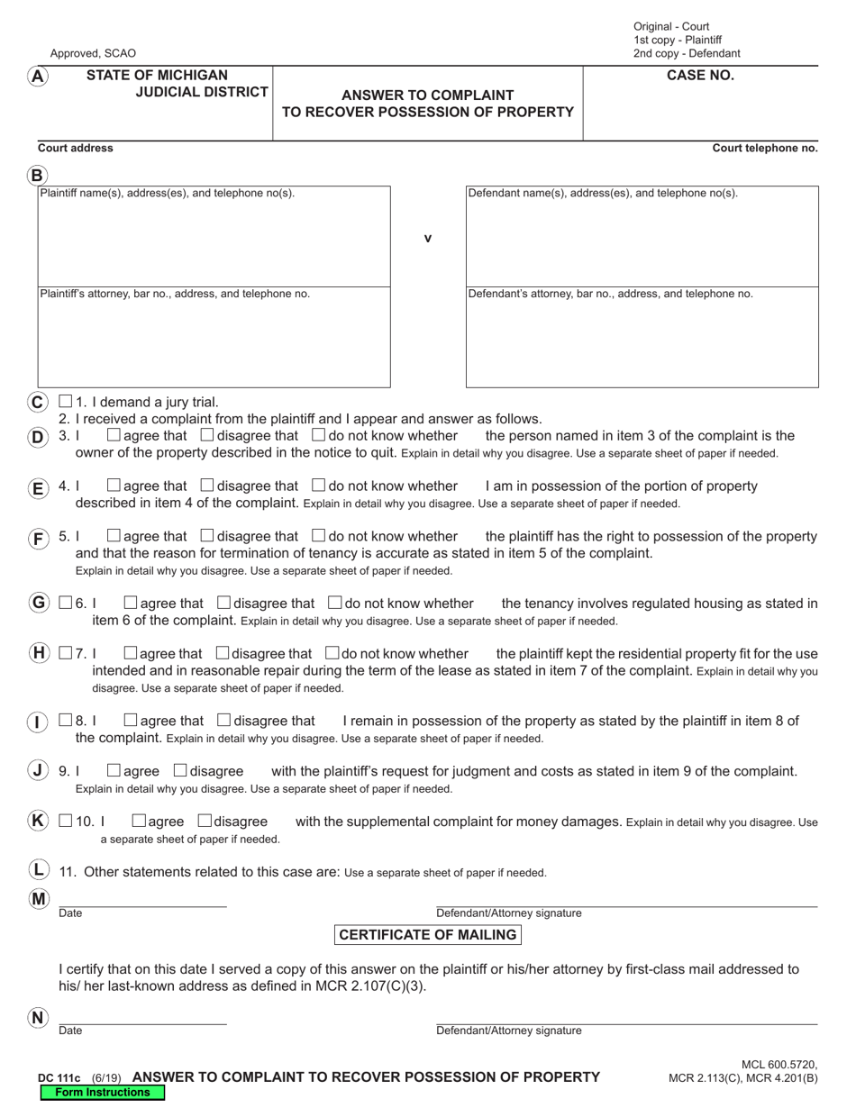 Form DC111C Download Fillable PDF or Fill Online Answer to Complaint to ...