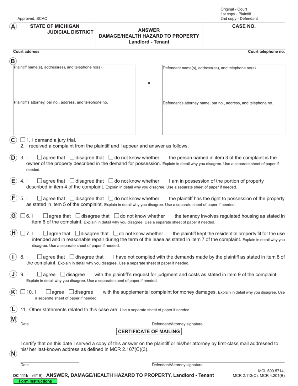 Form DC111B Answer, Damage / Health Hazard to Property, Landlord-Tenant - Michigan, Page 1