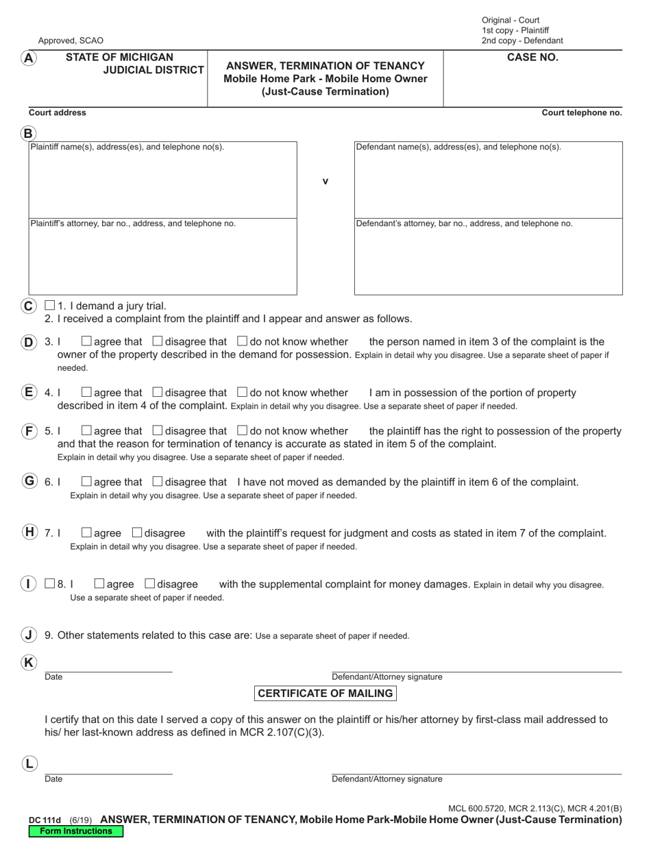 Form DC111D Answer, Termination of Tenancy, Mobile Home Park - Mobile Home Owner (Just-Cause Termination) - Michigan, Page 1