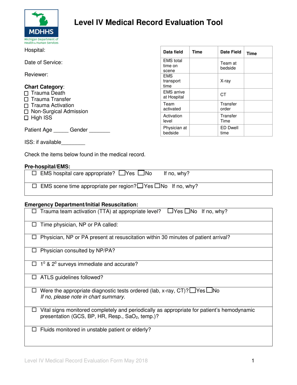 Level IV Medical Record Evaluation Tool - Michigan, Page 1