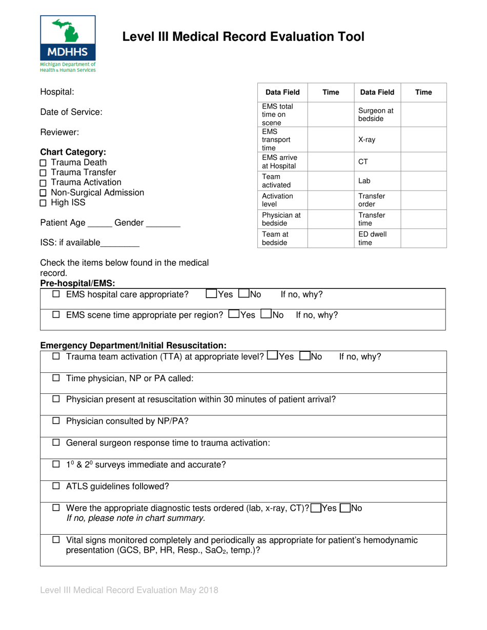 Level Iii Medical Record Evaluation Tool - Michigan, Page 1