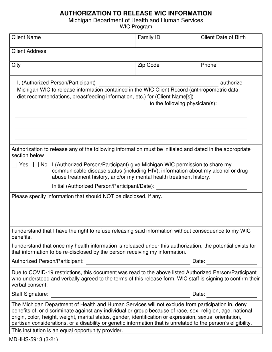 Form MDHHS-5913 Authorization to Release Wic Information - Michigan, Page 1