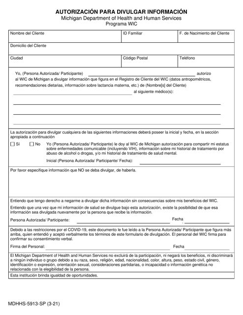 Formulario MDHHS-5913-SP Autorizacion Para Divulgar Informacion - Michigan (Spanish)
