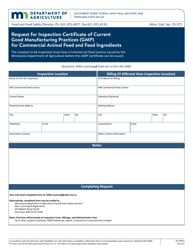 Form AG-04025 &quot;Request for Inspection Certificate of Current Good Manufacturing Practices (Gmp) for Commercial Animal Feed and Feed Ingredients&quot; - Minnesota