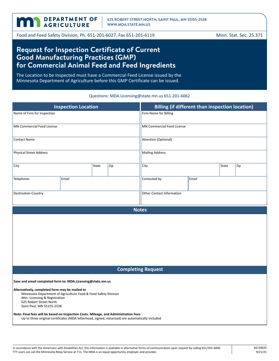 Form AG-04025 Request for Inspection Certificate of Current Good Manufacturing Practices (Gmp) for Commercial Animal Feed and Feed Ingredients - Minnesota, Page 1