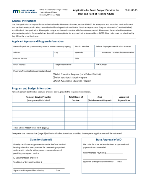 Form ED-01643-15 Application for Funds Support Services for Deaf and Hard-Of-Hearing Adults - Minnesota