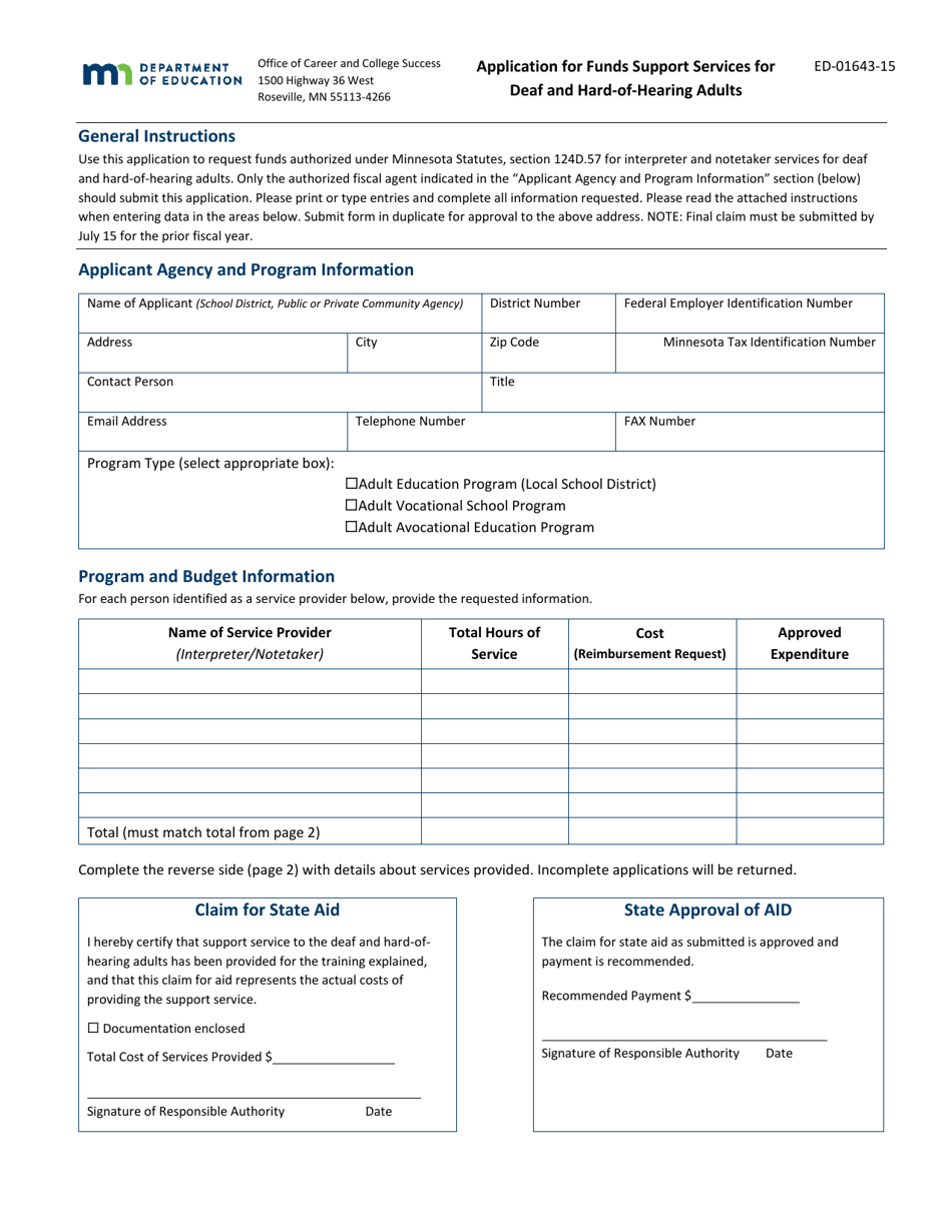 Form ED-01643-15 Application for Funds Support Services for Deaf and Hard-Of-Hearing Adults - Minnesota, Page 1