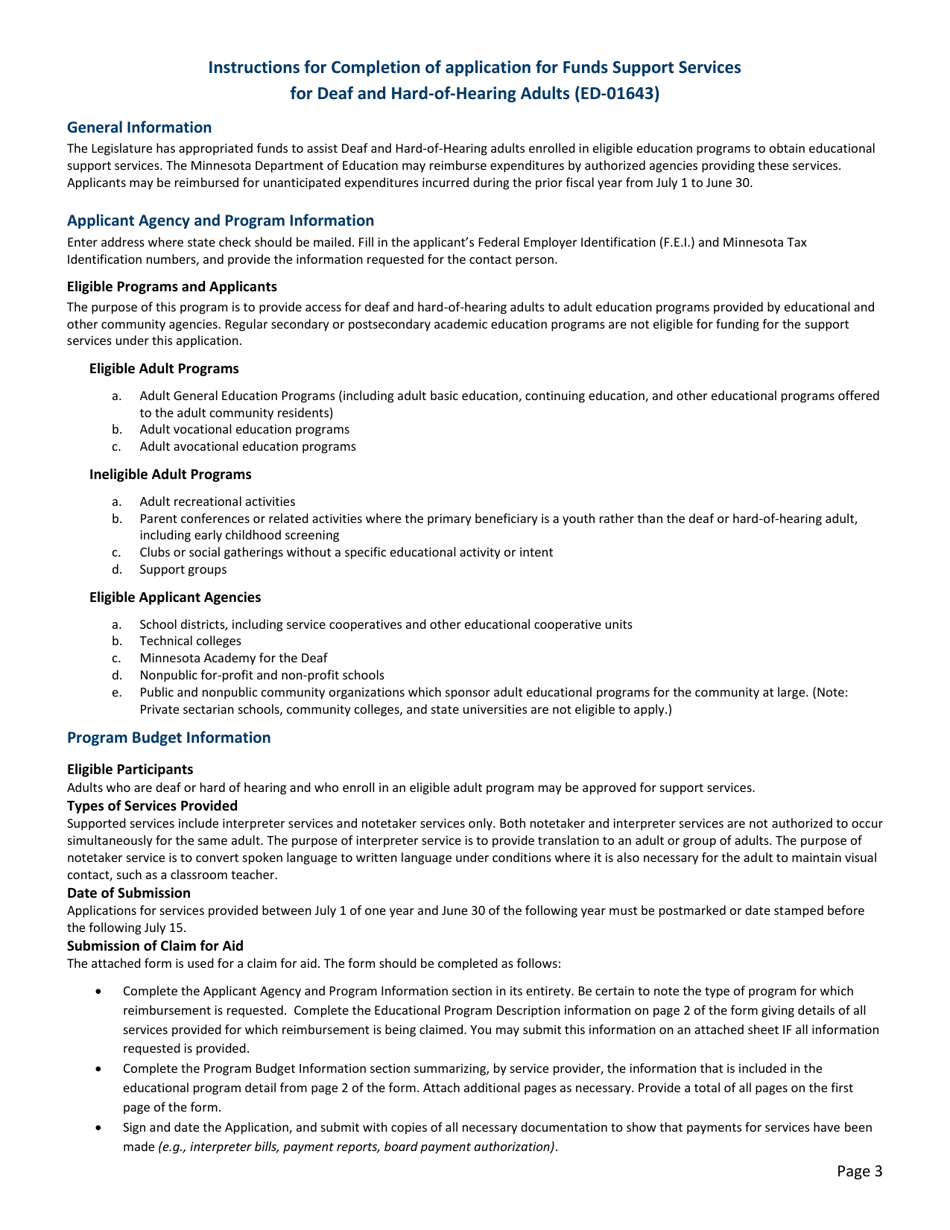 Form ED-01643-15 Application for Funds Support Services for Deaf and Hard-Of-Hearing Adults - Minnesota, Page 3