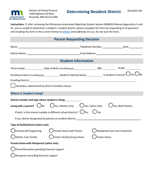 Form ED-02457-08 Determining Resident District - Minnesota
