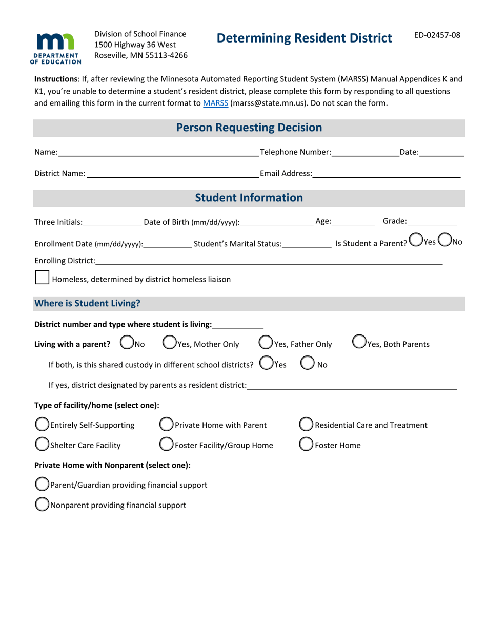 Form ED-02457-08 Determining Resident District - Minnesota, Page 1