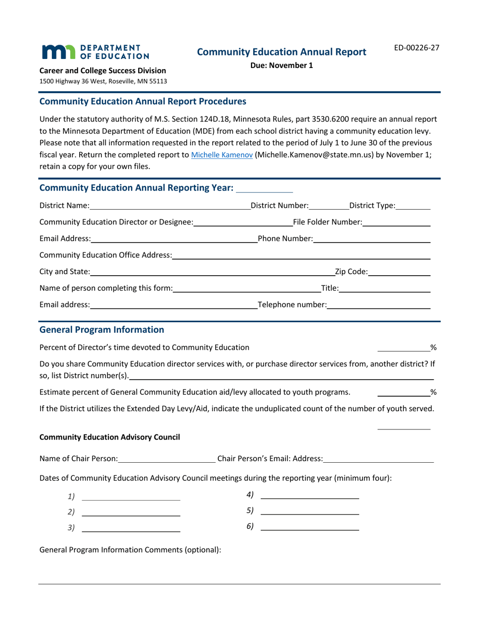 Form ED-00226-27 Community Education Annual Report - Minnesota, Page 1