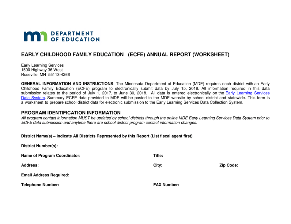 Minnesota Early Childhood Family Education (Ecfe) Annual Report (Worksheet) Fill Out, Sign