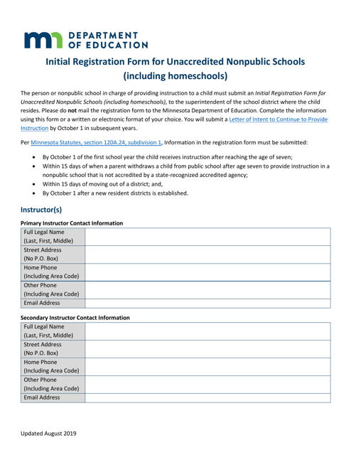 Initial Registration Form for Unaccredited Nonpublic Schools (Including Homeschools) - Minnesota Download Pdf