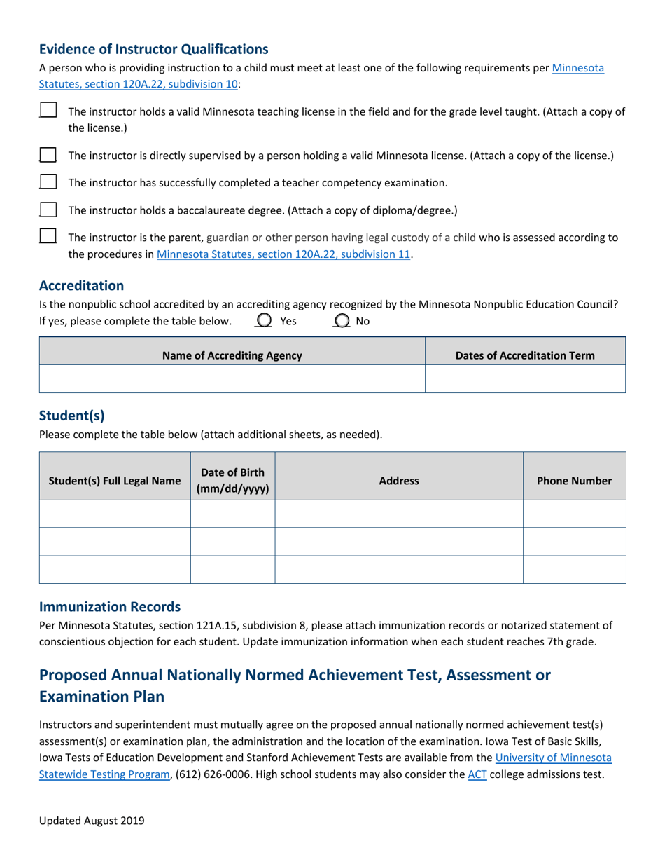 Initial Registration Form for Unaccredited Nonpublic Schools (Including Homeschools) - Minnesota, Page 2