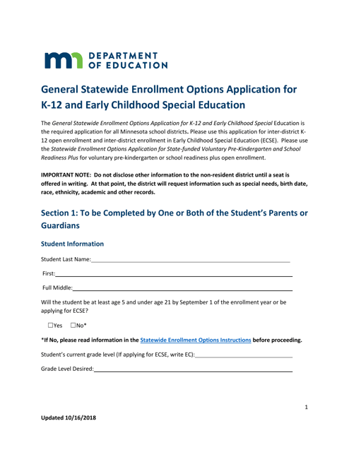 General Statewide Enrollment Options Application for K-12 and Early Childhood Special Education - Minnesota Download Pdf
