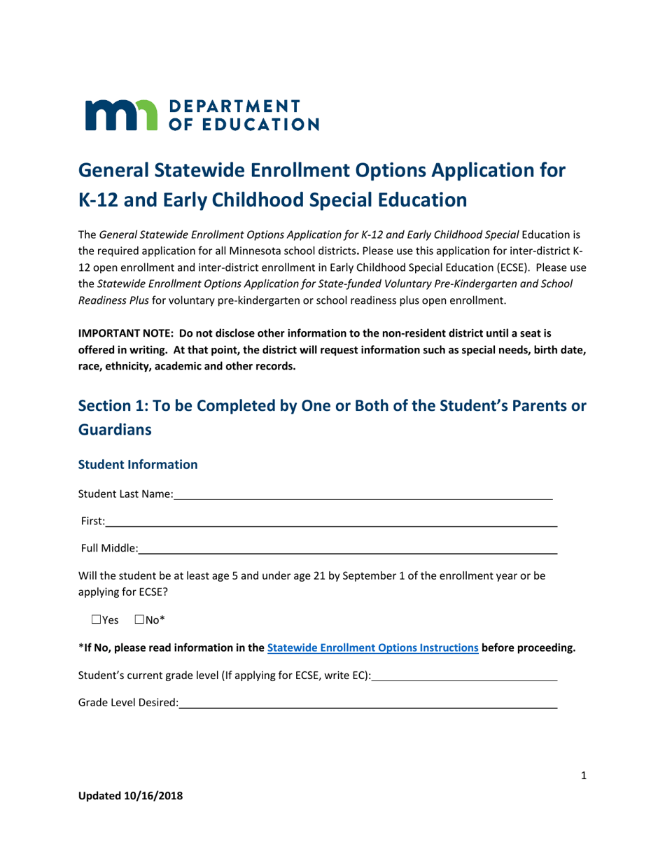 General Statewide Enrollment Options Application for K-12 and Early Childhood Special Education - Minnesota, Page 1