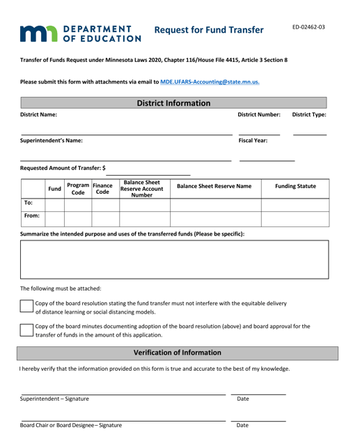 Form ED-02462-03 Request for Fund Transfer - Minnesota